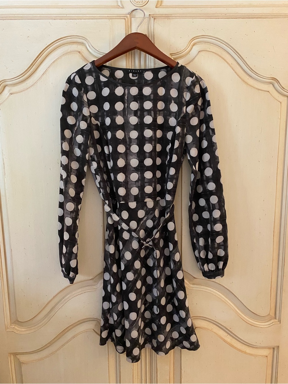 Sisley Belted Black Dress with White Polka Dots — Long Sleeve